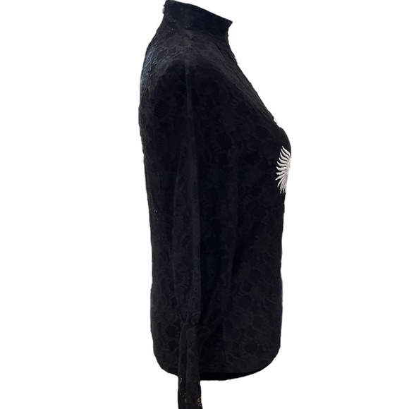 NWT Topshop Black Lace Long Sleeve Top With White Beaded Embroidery - Picture 3 of 9